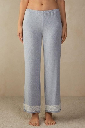 Intimissimi Cipkovane Trim Full Length Pants in Modal Pyžamá Damske Svetlo Modre | SK IS2059