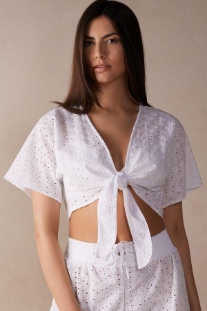 Intimissimi Hello Sunshine Sangallo Cipkovane Tie-Front Top Pyžamá Damske Biele | SK SO2089