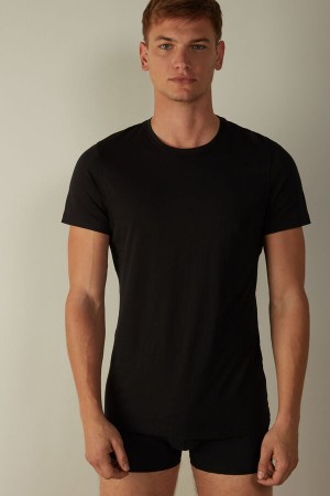 Intimissimi Kratke-Sleeve Crew-Neck in Extra-Fine Supima® Bavlnene Tricko Panske Čierne | SK LH3019