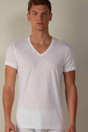 Intimissimi Kratke-Sleeve V-Neck in Extra-Fine Supima® Bavlnene Tricko Panske Biele | SK VD3015