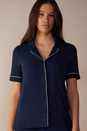Intimissimi Kratke Sleeve Button Up Shirt in Modal Pyžamá Damske Modre | SK HK2093