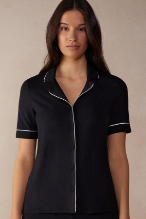 Intimissimi Kratke Sleeve Button Up Shirt in Modal Pyžamá Damske Čierne | SK JJ2094