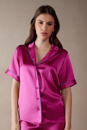 Intimissimi Kratke Sleeve Silk Shirt with Contrast Trim Pyžamá Damske Ruzove | SK QZ2104