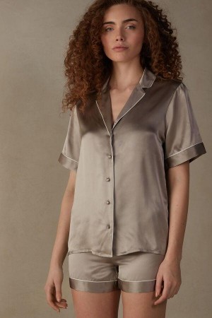 Intimissimi Kratke Sleeve Silk Shirt with Contrast Trim Pyžamá Damske Béžové | SK ZG2123