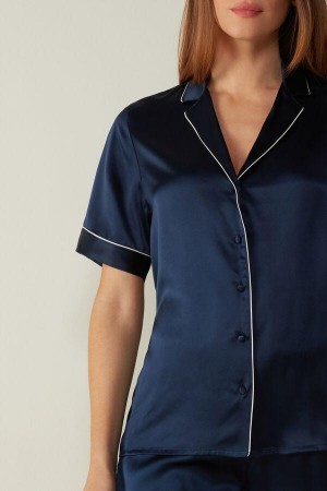 Intimissimi Kratke Sleeve Silk Shirt with Contrast Trim Pyžamá Damske Modre | SK CE2125