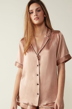 Intimissimi Kratke Sleeve Silk Shirt with Contrast Trim Pyžamá Damske Ruzove | SK VD2126