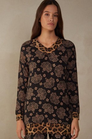 Intimissimi Lady Animalier Long Sleeve Modal Top Pyžamá Damske Čierne | SK QZ2156