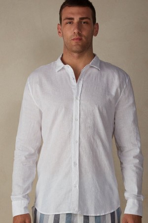 Intimissimi Linen and Bavlnene Shirt Dlhym Rukavom Panske Biele | SK GL2952