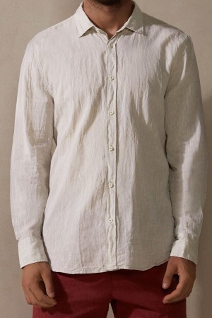 Intimissimi Linen and Bavlnene Shirt Dlhym Rukavom Panske Béžové Biele | SK FM2953