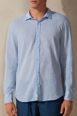 Intimissimi Linen and Bavlnene Shirt Dlhym Rukavom Panske Svetlo Modre | SK DN2954
