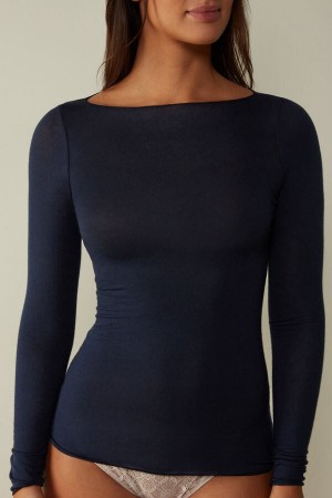 Intimissimi Lodné Neck Modal Cashmere Ultralight Top Dlhym Rukavom Damske Modre | SK SO1803