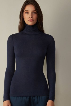 Intimissimi Modal Cashmere Ultralight High-Neck Top Dlhym Rukavom Damske Modre | SK XF1838