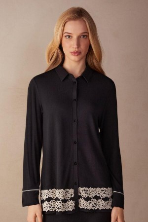 Intimissimi Pretty Flowers Button Up Shirt in Modal Pyžamá Damske Čierne Biele | SK RW2185