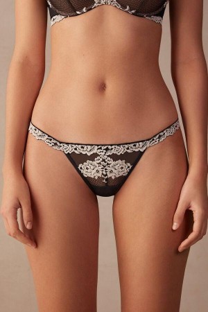Intimissimi Pretty Flowers String Tanga Nohavičky Damske Čierne Biele | SK PQ2295