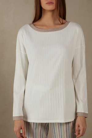 Intimissimi Rebrovaný Bavlnene Bateau Neck Long Sleeve Top Pyžamá Damske Biele | SK ZG2175
