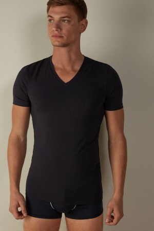 Intimissimi V-neck in Stretch Supima® Bavlnene Tricko Panske Modre | SK KI3020