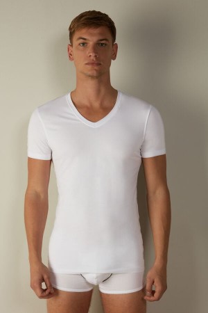 Intimissimi V-neck in Stretch Supima® Bavlnene Tricko Panske Biele | SK HK3022