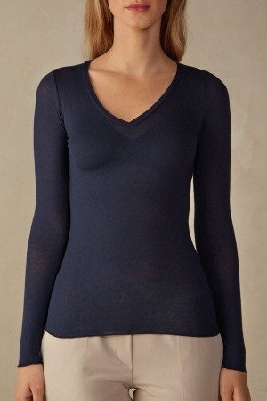 Intimissimi V-neck top in Modal Ultralight with Cashmere Dlhym Rukavom Damske Modre | SK IS1825