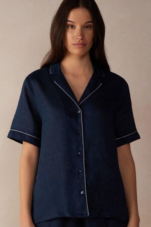 Intimissimi Yacht Night Linen Kratke Sleeve Shirt Pyžamá Damske Modre | SK FM2091